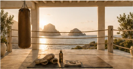 Entrenamiento de boxeo en terraza frente al mar — Ibiza